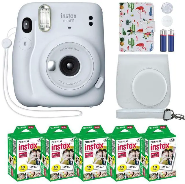 Main image of Instax Mini 11 Instant Camera Ice White + MiniMate Accessory Bundle & Compatible Custom Case + Fuji Instax Film Value Pack (50 Sheets) Flamingo Designer Photo Album