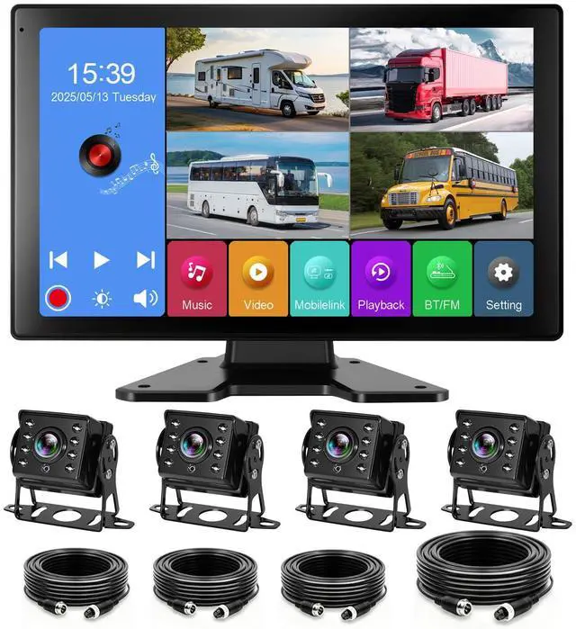 Main image of 4 Channel RV Backup Camera System with 10.1" Touch Screen Monitor, DVR Recording, 4 x 1080P Waterproof Cameras, Quad Split, Bluetooth, for RV Truck Trailer Bus