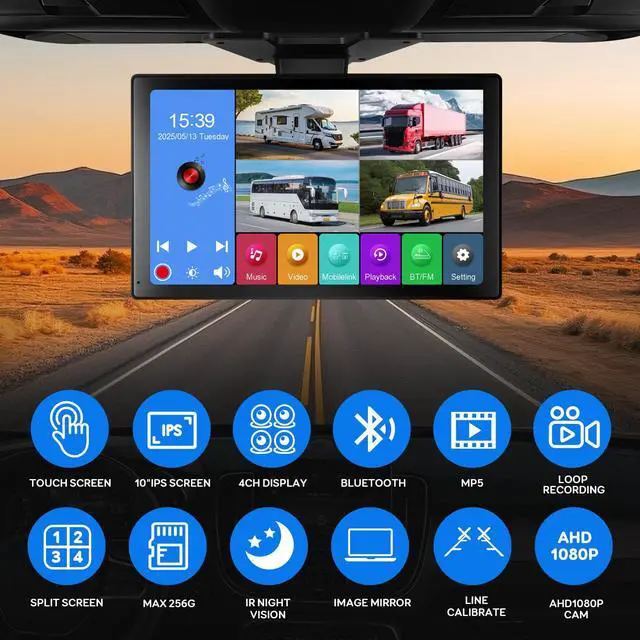 Alt view image 2 of 4 - 4 Channel RV Backup Camera System with 10.1" Touch Screen Monitor, DVR Recording, 4 x 1080P Waterproof Cameras, Quad Split, Bluetooth, for RV Truck Trailer Bus