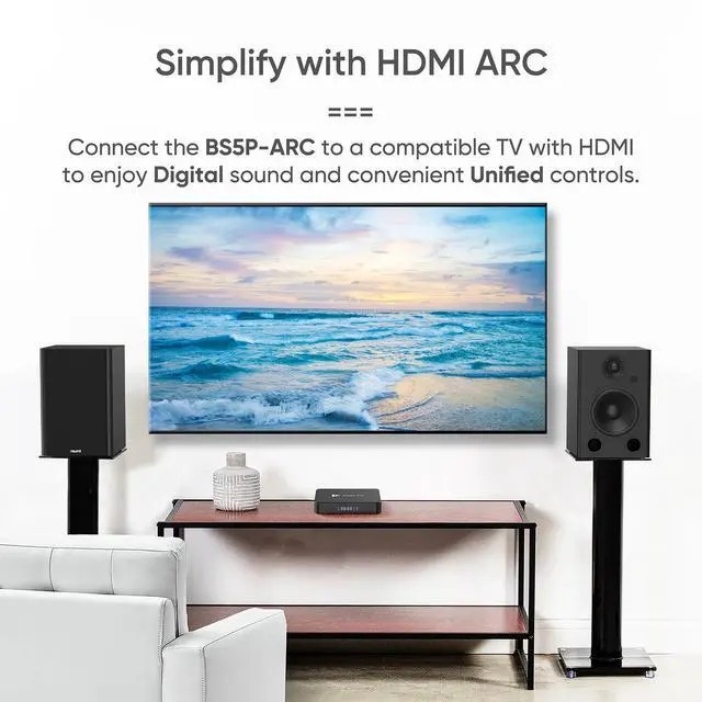 Alt view image 3 of 4 - NEUMI BS5P-ARC 75-Watt Powered Bookshelf Speakers, Bluetooth, HDMI, USB, Optical, Coaxial, Remote Control, 5-Inch Woofer, 1-Inch Tweeter, Dark Wood, 1 Pair