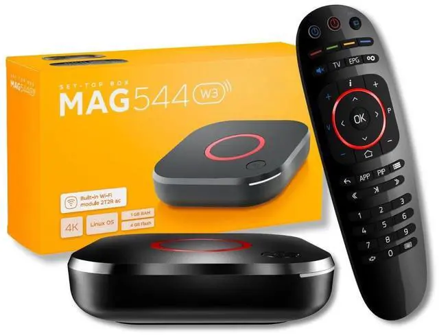 Main image of MAG544w3 Set-Top Box 4K HDR Streaming Media Player, 4K HDR Output, Amlogic S905Y4, Linux 4.9, Dual-Band Wi-Fi, HDMI Cable, Remote - Hardware Device Only