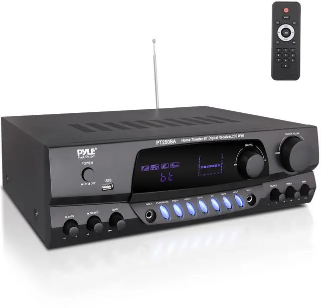 Main image of Wireless Bluetooth Power Amplifier System, 200 Watt Max, Home Theater Audio Stereo Receiver Box with FM/USB, Mic in, RCA Inputs, Echo & 2-Band EQ Control, Digital Display Screen - PT250BA