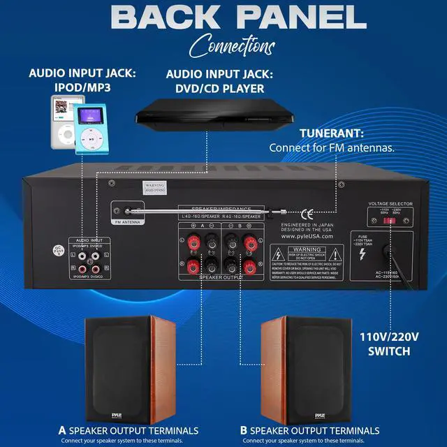 Alt view image 3 of 4 - Wireless Bluetooth Power Amplifier System, 200 Watt Max, Home Theater Audio Stereo Receiver Box with FM/USB, Mic in, RCA Inputs, Echo & 2-Band EQ Control, Digital Display Screen - PT250BA