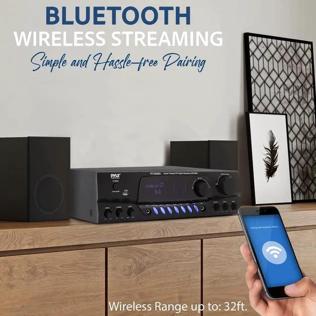 Alt view image 4 of 4 - Wireless Bluetooth Power Amplifier System, 200 Watt Max, Home Theater Audio Stereo Receiver Box with FM/USB, Mic in, RCA Inputs, Echo & 2-Band EQ Control, Digital Display Screen - PT250BA