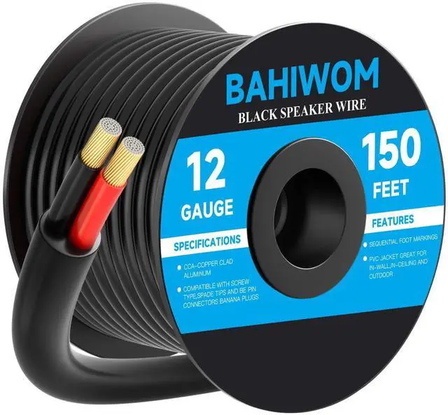 Main image of 12 Gauge Speaker Wire 150 Feet CL3 Related CCA Black Cable with 2 Conductors for Outdoor Direct Burial Backyard Garden Home Car in-Wall Speaker