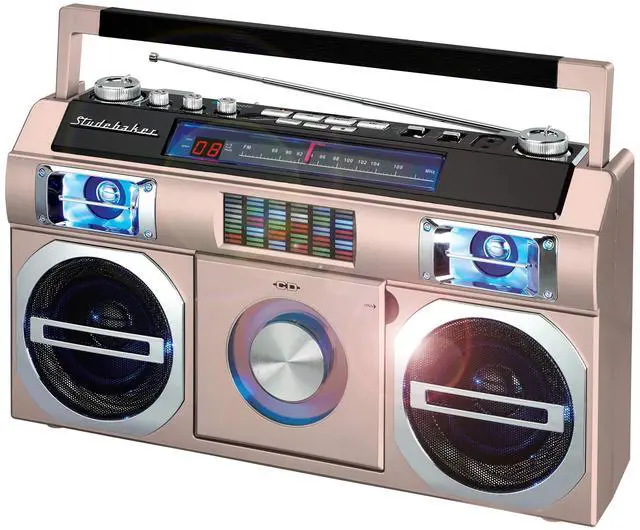 Main image of SB2145RG 80's Retro Street Bluetooth Boombox with FM Radio, CD Player, LED EQ, 10 Watts RMS Power and AC/DC in Rose Gold