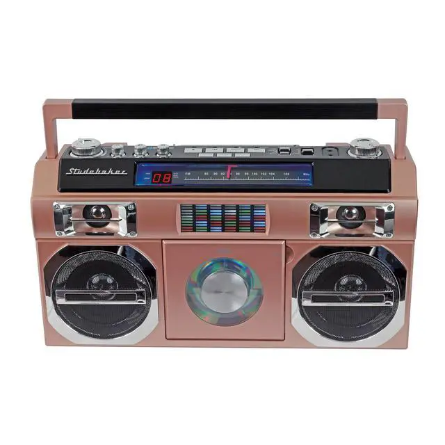 Alt view image 2 of 4 - SB2145RG 80's Retro Street Bluetooth Boombox with FM Radio, CD Player, LED EQ, 10 Watts RMS Power and AC/DC in Rose Gold