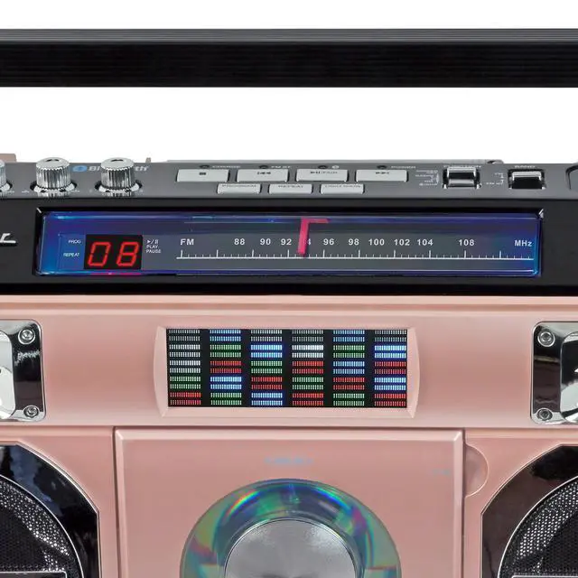 Alt view image 3 of 4 - SB2145RG 80's Retro Street Bluetooth Boombox with FM Radio, CD Player, LED EQ, 10 Watts RMS Power and AC/DC in Rose Gold