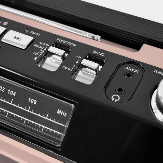 Alt view image 4 of 4 - SB2145RG 80's Retro Street Bluetooth Boombox with FM Radio, CD Player, LED EQ, 10 Watts RMS Power and AC/DC in Rose Gold