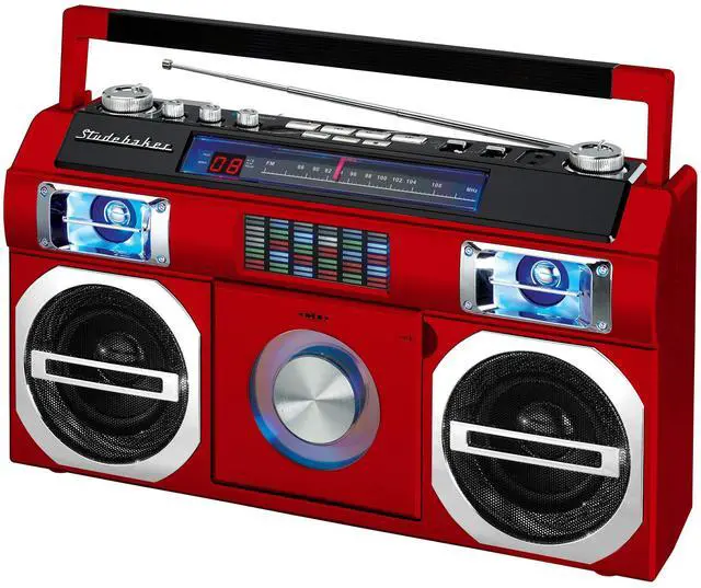 Main image of SB2145R 80's Retro Street Bluetooth Boombox with FM Radio, CD Player, LED EQ, 10 Watts RMS Power and AC/DC in Red