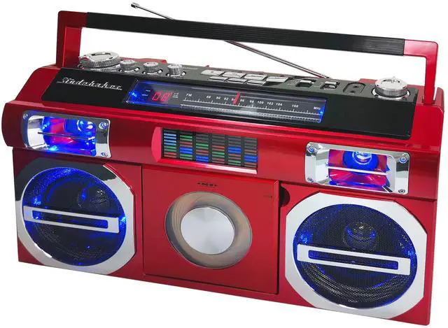 Alt view image 2 of 4 - SB2145R 80's Retro Street Bluetooth Boombox with FM Radio, CD Player, LED EQ, 10 Watts RMS Power and AC/DC in Red