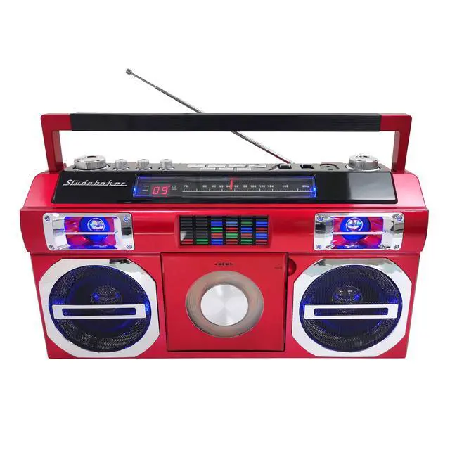 Alt view image 4 of 4 - SB2145R 80's Retro Street Bluetooth Boombox with FM Radio, CD Player, LED EQ, 10 Watts RMS Power and AC/DC in Red