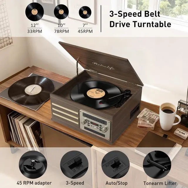 Alt view image 2 of 4 - ® Vinyl Record Player 10-in-1 Music Center Turntable Built-in Speakers 3 Speed BT Wireless Input/Output AM/FM Radio CD Cassette Tape Player Aux RCA Auto Stop Vinyl Recording to USB Brown
