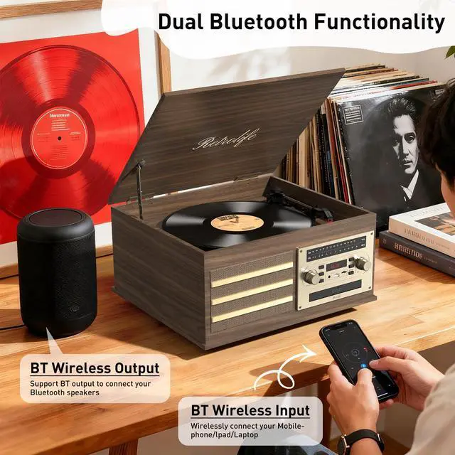 Alt view image 3 of 4 - ® Vinyl Record Player 10-in-1 Music Center Turntable Built-in Speakers 3 Speed BT Wireless Input/Output AM/FM Radio CD Cassette Tape Player Aux RCA Auto Stop Vinyl Recording to USB Brown