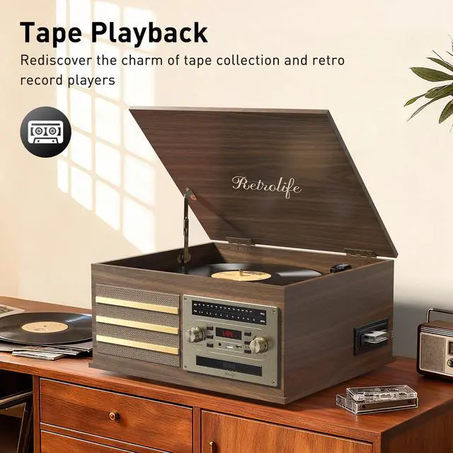 Alt view image 4 of 4 - ® Vinyl Record Player 10-in-1 Music Center Turntable Built-in Speakers 3 Speed BT Wireless Input/Output AM/FM Radio CD Cassette Tape Player Aux RCA Auto Stop Vinyl Recording to USB Brown