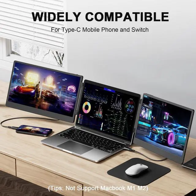 Alt view image 4 of 4 - S3 Laptop Screen Extender, 14'' Triple Portable Monitor for Laptops Plug and Play, 1080P FHD IPS Laptop Monitor Extender for 13''-16.5'' Laptops Compatible with Windows, Chrome, Switch
