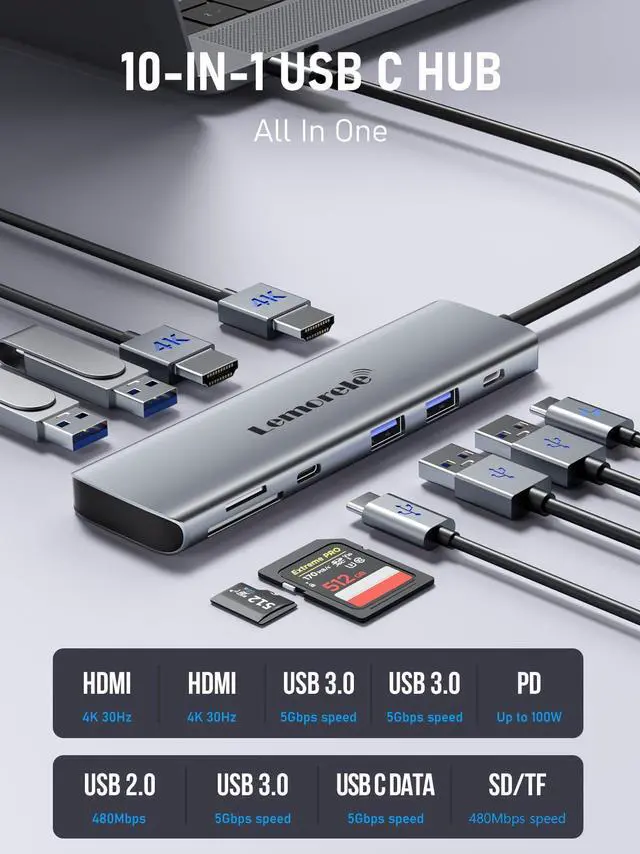 Alt view image 4 of 6 - Laptop Docking Station Dual HDMI Monitor, 10 in 1 USB C Hub with 2 HDMI Ports, PD Charging, SD/TF, 5 USB C/A Ports, Laptop Docking Station for Dell XPS/HP/Lenovo/Surface(MacOS only Supports SST Mode)