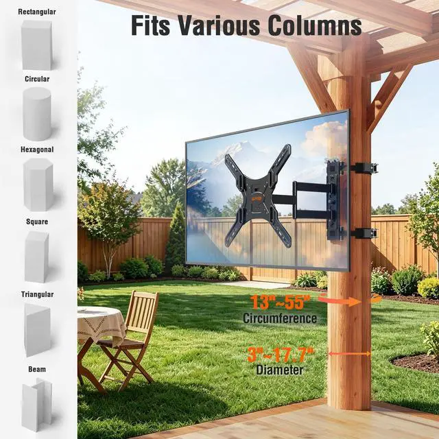Alt view image 2 of 6 - Pillar TV Mount for 26-60" TVs, No Drill Column TV Bracket for Gazebo Patio | Full Motion Swivel, Tilt, Level, Heavy Duty Post Mount for Pergola, Fits Multi-Shaped Poles, Max VESA 400x400mm, 77 Lbs
