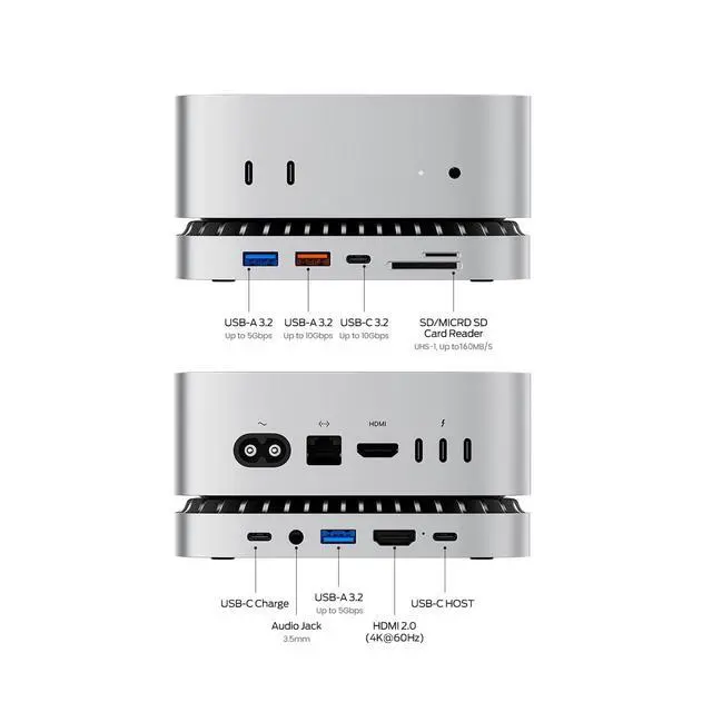 Alt view image 4 of 6 - Mac mini M4 Dock, Aluminum Stand and HDMI Hub for Mac mini M4 and M4 Pro 2024 with M.2 NVMe/SATA SSD Enclosure, 4K60Hz HDMI,10G USB A/C, 5G USB A*2, USB-C Charge, SD/TF, Audio