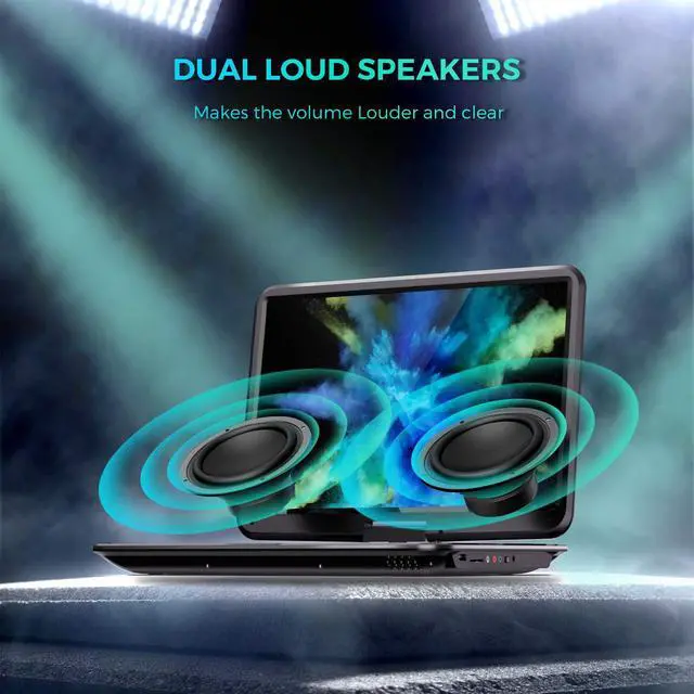Alt view image 5 of 6 - Portable DVD Player for Car, 15.6" HD Swivel Screen, 5-Hour Battery | Flexible viewing for road trips and home use, featuring dual headphone jacks, USB/SD playback, TV sync, resume playback