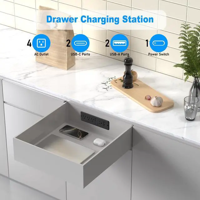 Alt view image 2 of 6 - Drawer Outlet Kit 65W USB C, Furniture Recessed Power Strip | Flush Mount Charging Station with 4 Outlets & 4 USB Ports for Home Office Cabinet 6FT Spring Cord Black
