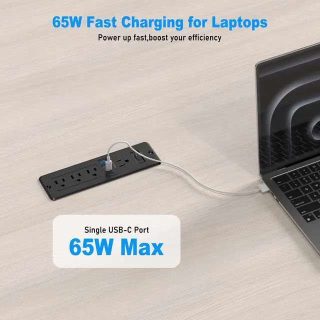 Alt view image 3 of 6 - Drawer Outlet Kit 65W USB C, Furniture Recessed Power Strip | Flush Mount Charging Station with 4 Outlets & 4 USB Ports for Home Office Cabinet 6FT Spring Cord Black