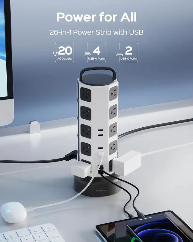 Alt view image 2 of 6 - Power Strip Tower Surge Protector, 20 AC 6 USB (2 USB C), 1050J | 6.5Ft Retractable Extension Cord with Multiple Outlets, 1625W/13A Outlet Extender, USB Charging Station for Home Office Dorm