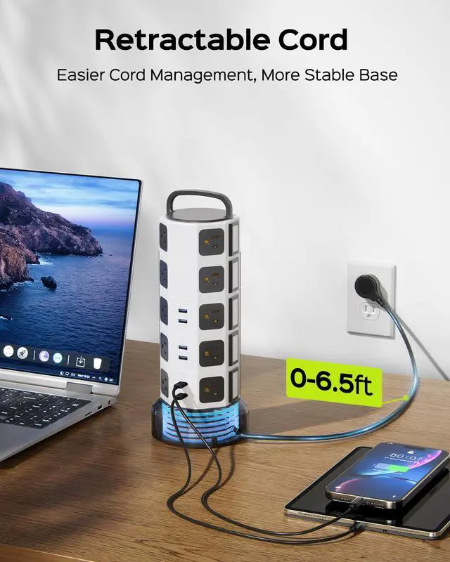 Alt view image 3 of 6 - Power Strip Tower Surge Protector, 20 AC 6 USB (2 USB C), 1050J | 6.5Ft Retractable Extension Cord with Multiple Outlets, 1625W/13A Outlet Extender, USB Charging Station for Home Office Dorm