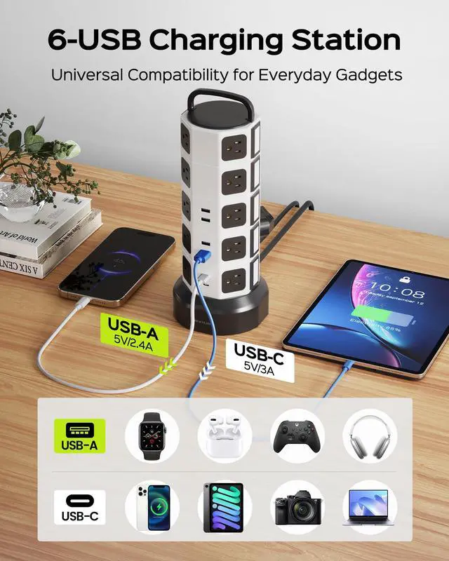 Alt view image 6 of 6 - Power Strip Tower Surge Protector, 20 AC 6 USB (2 USB C), 1050J | 6.5Ft Retractable Extension Cord with Multiple Outlets, 1625W/13A Outlet Extender, USB Charging Station for Home Office Dorm