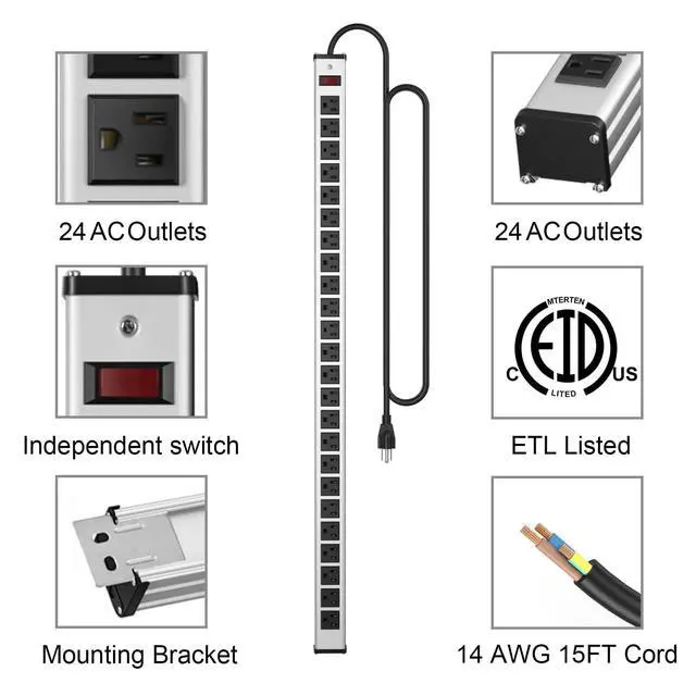 Alt view image 2 of 6 - 24 Outlets Long Power Strip,Heavy Duty Metal Socket Power Strip,Aluminum with 15-Foot Extension Power Cord,ETL Certified