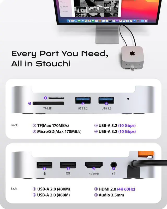 Alt view image 2 of 6 - Mac mini M4 Dock Stand with NVMe SATA SSD Enclosure, 8-Port Hub | 10Gbps | Easy Power Button | Stable Wi-Fi | 2* USB A 10Gbps, 4K@60Hz HDMI, SD/TF Slot, 2* USB A, Audio 3.5mm | for M4/M4 Pro