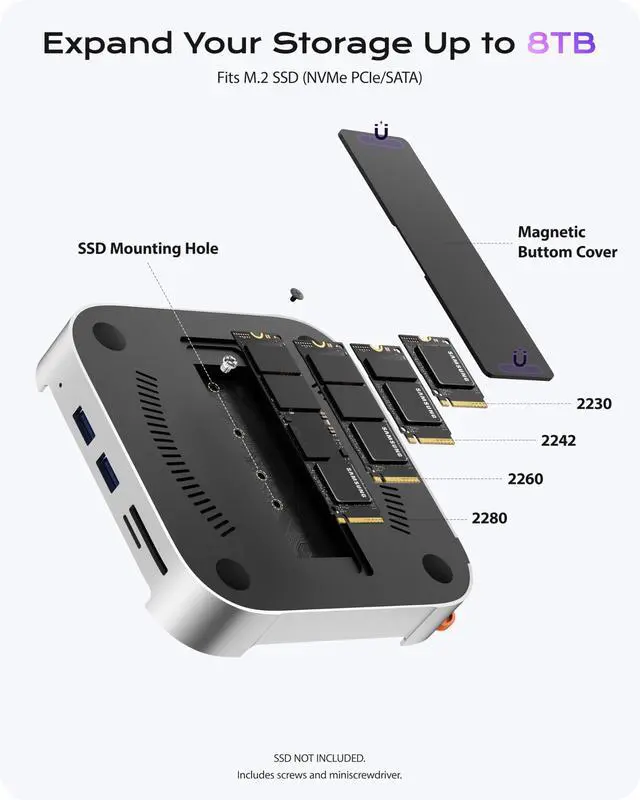 Alt view image 3 of 6 - Mac mini M4 Dock Stand with NVMe SATA SSD Enclosure, 8-Port Hub | 10Gbps | Easy Power Button | Stable Wi-Fi | 2* USB A 10Gbps, 4K@60Hz HDMI, SD/TF Slot, 2* USB A, Audio 3.5mm | for M4/M4 Pro