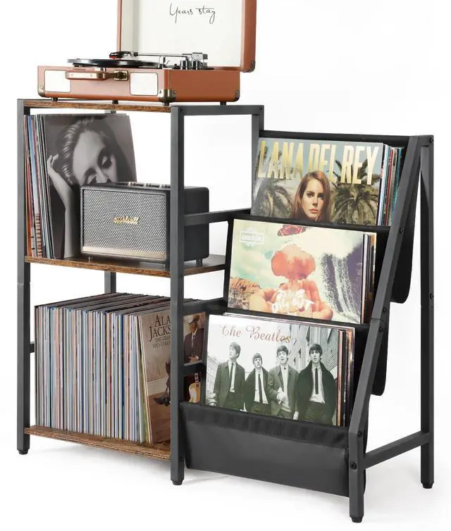 Main image of Record Player Stand, Turntable Stand with 3-Tier Vinyl Record Storage, Record Player Table 200 Albums, End Table with Vinyl Display Holder Shelf, Record Player Cabinet Media Console for Stereo