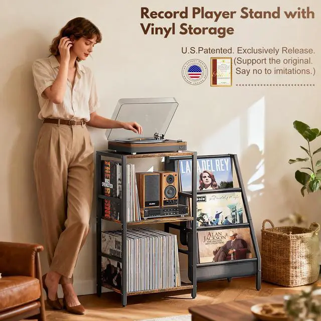 Alt view image 2 of 6 - Record Player Stand, Turntable Stand with 3-Tier Vinyl Record Storage, Record Player Table 200 Albums, End Table with Vinyl Display Holder Shelf, Record Player Cabinet Media Console for Stereo