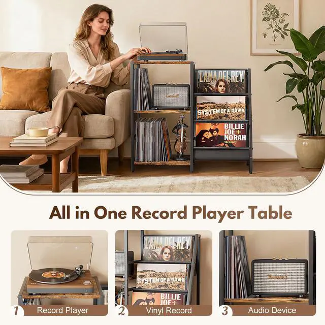 Alt view image 3 of 6 - Record Player Stand, Turntable Stand with 3-Tier Vinyl Record Storage, Record Player Table 200 Albums, End Table with Vinyl Display Holder Shelf, Record Player Cabinet Media Console for Stereo