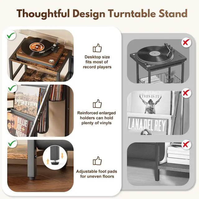 Alt view image 5 of 6 - Record Player Stand, Turntable Stand with 3-Tier Vinyl Record Storage, Record Player Table 200 Albums, End Table with Vinyl Display Holder Shelf, Record Player Cabinet Media Console for Stereo