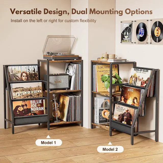 Alt view image 6 of 6 - Record Player Stand, Turntable Stand with 3-Tier Vinyl Record Storage, Record Player Table 200 Albums, End Table with Vinyl Display Holder Shelf, Record Player Cabinet Media Console for Stereo