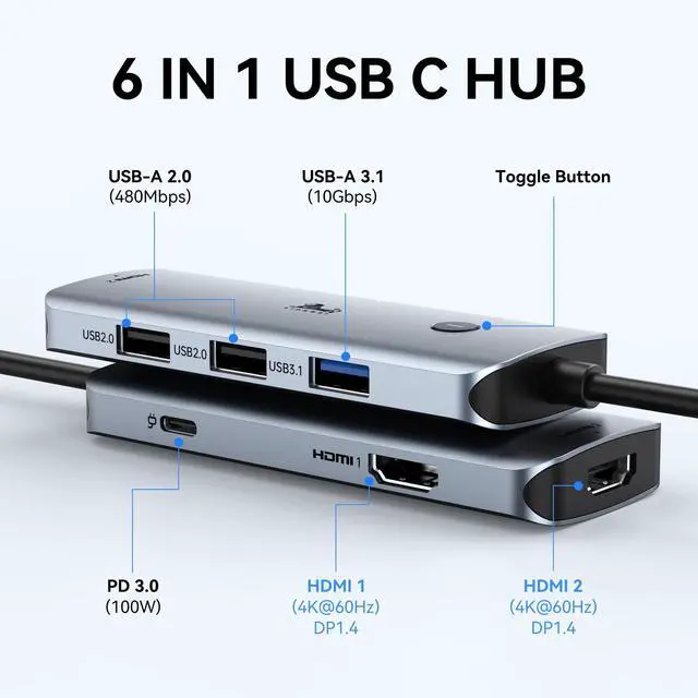 Alt view image 2 of 6 - USB C Docking Station Dual Monitor HDMI, Laptop Multiport Adapter | 7 in 1 USB C to 4K Monitor, MacBook supports Display Spanning mode, with 4K HDMI, Switching Mode Botton, 3 USB, 100W PD Port