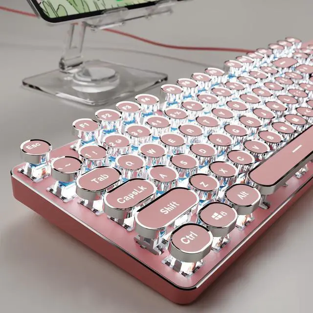 Main image of Typewriter Style Mechanical Gaming Keyboard with White Backlit, Wired Retro Punk Computer Keyboard Durable Metal Panel, Clicky Blue Switch, Round Keycaps, Full-Size for PC/Desktop/Win, Pink