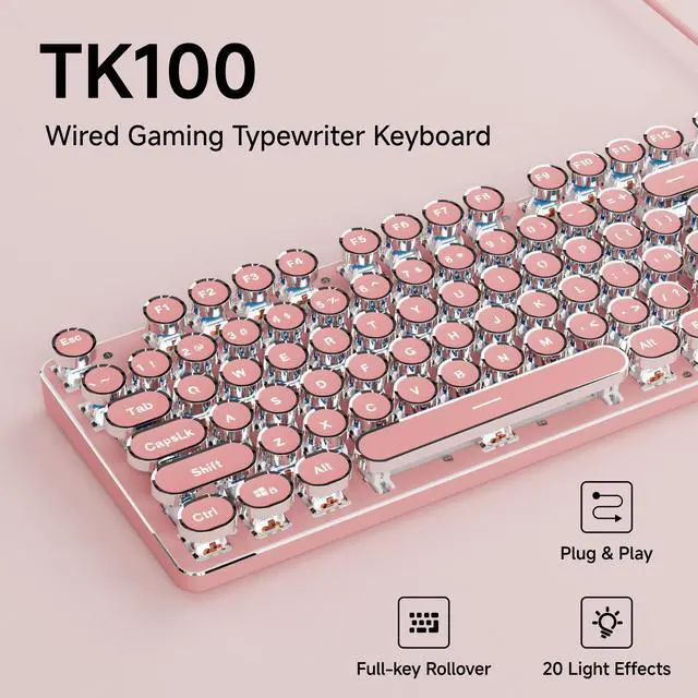 Alt view image 2 of 6 - Typewriter Style Mechanical Gaming Keyboard with White Backlit, Wired Retro Punk Computer Keyboard Durable Metal Panel, Clicky Blue Switch, Round Keycaps, Full-Size for PC/Desktop/Win, Pink