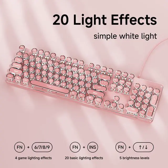 Alt view image 3 of 6 - Typewriter Style Mechanical Gaming Keyboard with White Backlit, Wired Retro Punk Computer Keyboard Durable Metal Panel, Clicky Blue Switch, Round Keycaps, Full-Size for PC/Desktop/Win, Pink