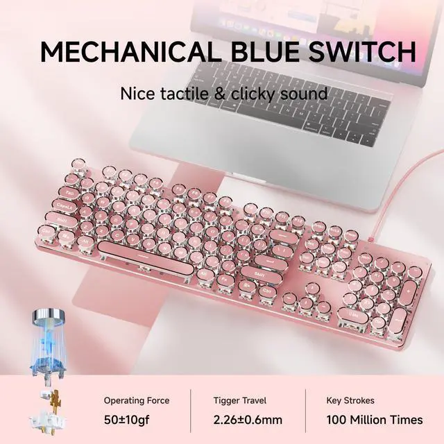 Alt view image 4 of 6 - Typewriter Style Mechanical Gaming Keyboard with White Backlit, Wired Retro Punk Computer Keyboard Durable Metal Panel, Clicky Blue Switch, Round Keycaps, Full-Size for PC/Desktop/Win, Pink