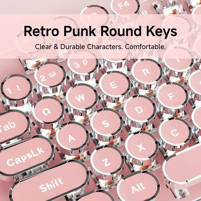 Alt view image 5 of 6 - Typewriter Style Mechanical Gaming Keyboard with White Backlit, Wired Retro Punk Computer Keyboard Durable Metal Panel, Clicky Blue Switch, Round Keycaps, Full-Size for PC/Desktop/Win, Pink