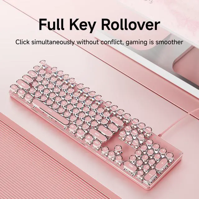 Alt view image 6 of 6 - Typewriter Style Mechanical Gaming Keyboard with White Backlit, Wired Retro Punk Computer Keyboard Durable Metal Panel, Clicky Blue Switch, Round Keycaps, Full-Size for PC/Desktop/Win, Pink