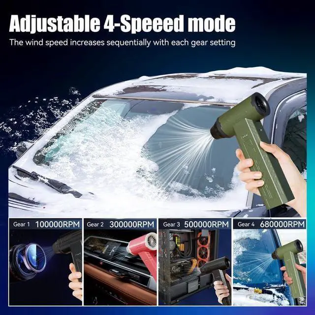 Alt view image 6 of 6 - Compressed Air Duster 480000RPM Electric Air Duster Variable Speed 580G 4 Gear Adjustable Rechargeable Cordless Jet Dry Blower Turbo Fan Dryer Air Blower Mini Car Vacuum Cleaner Army Green