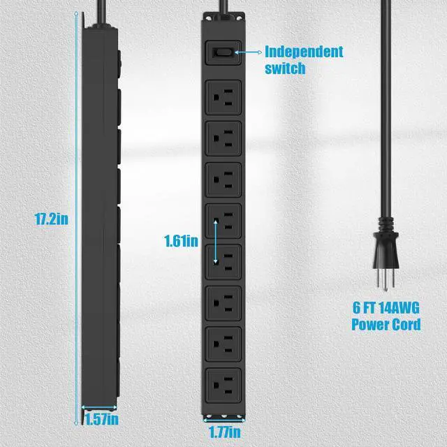 Alt view image 2 of 6 - 8 Outlet Magnetic Power Strip, 14AWG Extension Cord, 6Ft, Black, 1 | Metal Heavy Duty Surge Protector, 1200J Surge Protector with Multiple Outlets, Wall Mount Plug Extender with Switch
