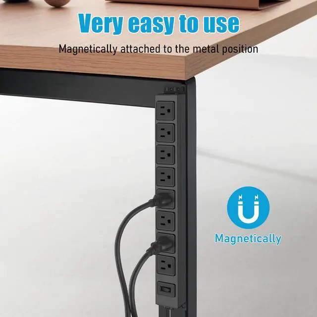 Alt view image 3 of 6 - 8 Outlet Magnetic Power Strip, 14AWG Extension Cord, 6Ft, Black, 1 | Metal Heavy Duty Surge Protector, 1200J Surge Protector with Multiple Outlets, Wall Mount Plug Extender with Switch