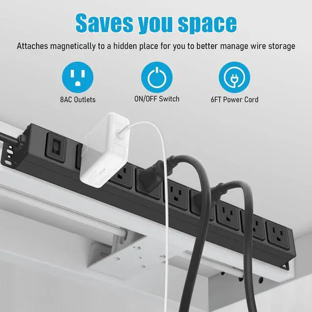 Alt view image 4 of 6 - 8 Outlet Magnetic Power Strip, 14AWG Extension Cord, 6Ft, Black, 1 | Metal Heavy Duty Surge Protector, 1200J Surge Protector with Multiple Outlets, Wall Mount Plug Extender with Switch