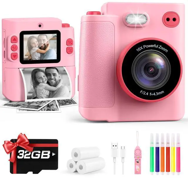 Main image of Kids Camera Instant Print, Birthday Christmas Girls Gift 3-12 Pink | Dual Lens/1080P Video/Thermal Prints/Games/MP3, with 32G SD Card, Toys for Girls 3 4 5 6 7 8 9 10 Year Old, Digital Camera