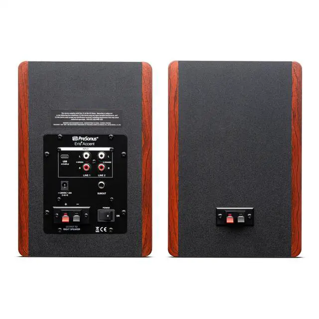 Alt view image 4 of 6 - Eris Accent Powered Bookshelf Speakers 50W Wired Stereo Speakers for Record Player, Turntable, Desk & Home, Multiple Inputs, 4 Woofer, Studio Monitors, Tweeter, Remote, Sub Out, Wood Grain